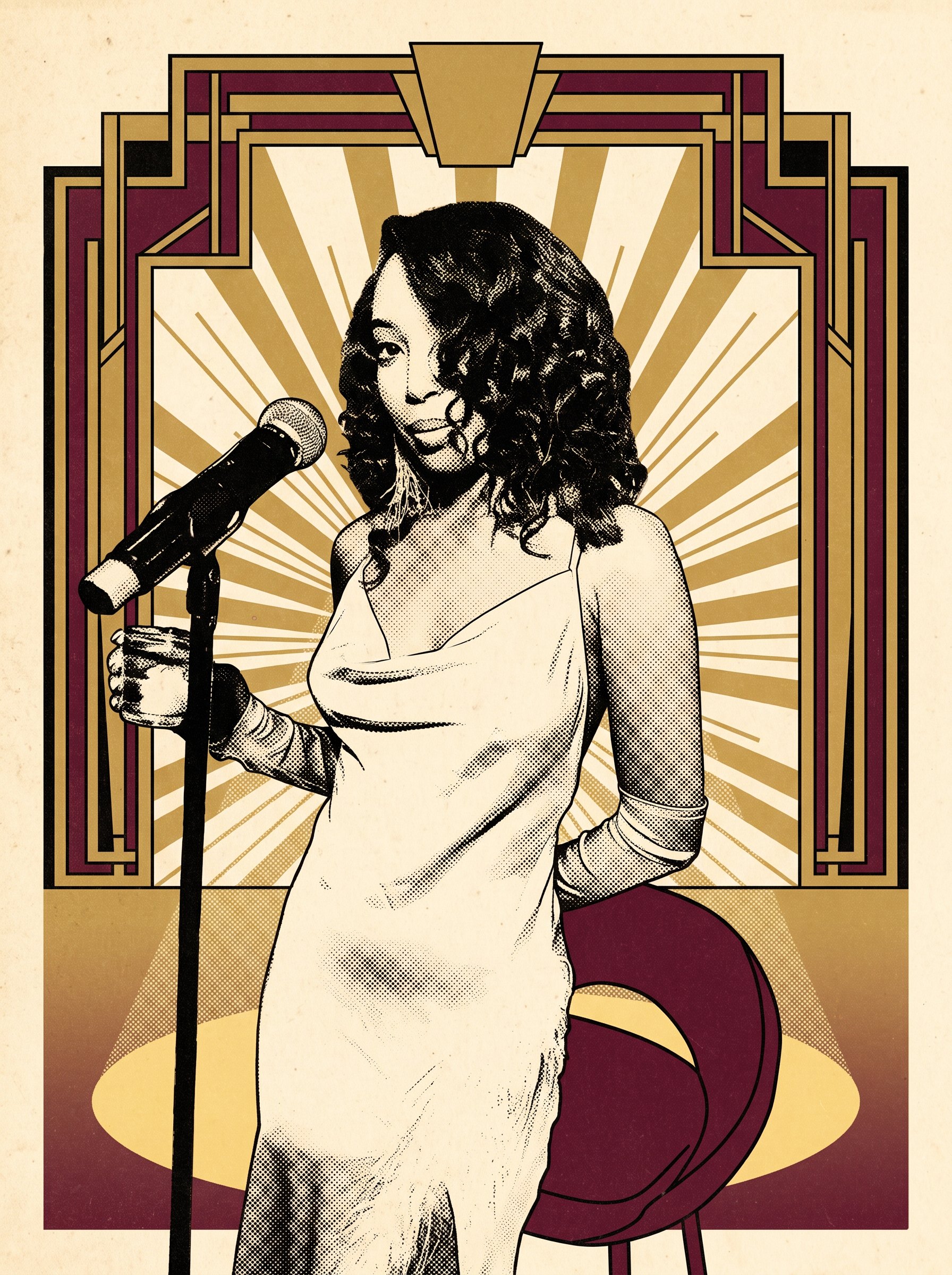 Art Deco poster illustration of Aerie Williams in a white satin gown at a vintage microphone under a gold sunburst